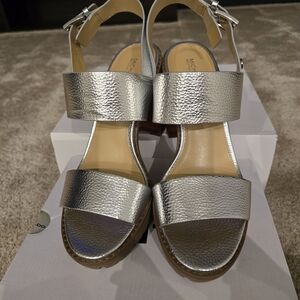 Michael Kors Silver Metallic Leather Block Heel Sandals